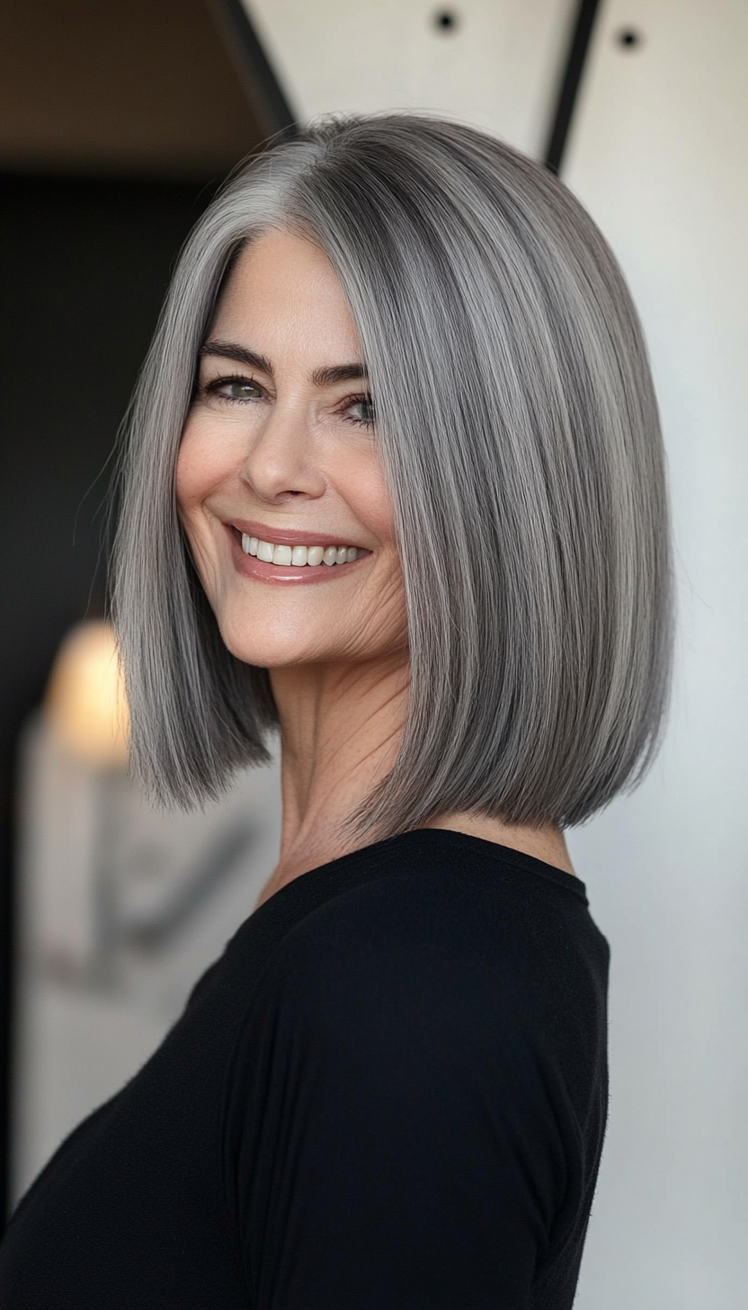 18. Charcoal Gray Long Bob (Bob Hairstyles For Women Over 60) - Bob Hairstyles For Women Over 60