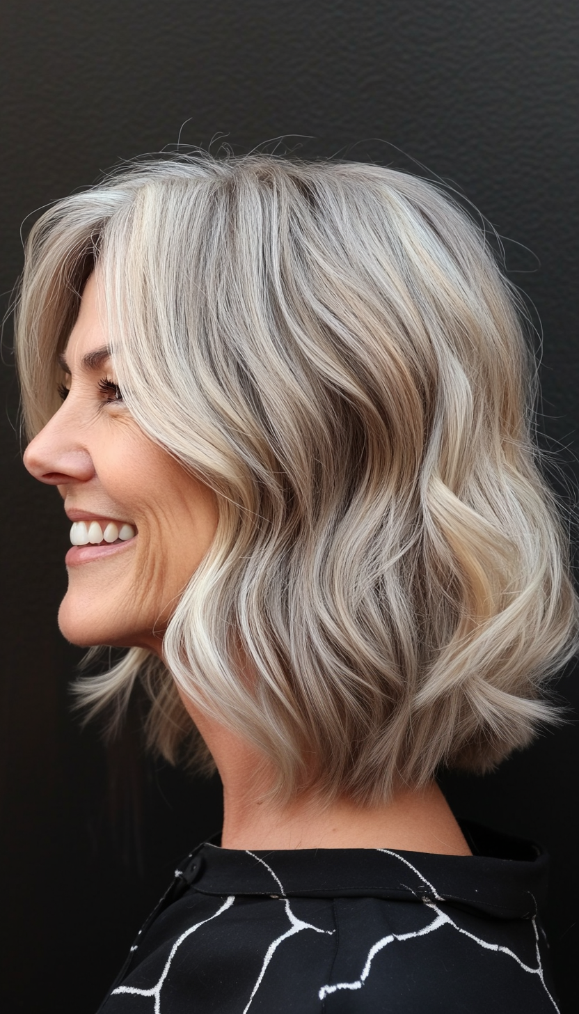 19. Ash Blonde Wavy Lob (Bob Hairstyles For Women Over 60) - Bob Hairstyles For Women Over 60