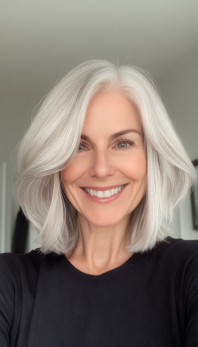 21. Silver Blonde Layered Lob (Bob Hairstyles For Women Over 60) - Bob Hairstyles For Women Over 60