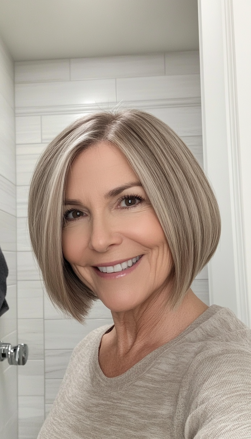 27. Cool Beige Subtle Layered Bob (Bob Hairstyles For Women Over 60) - Bob Hairstyles For Women Over 60