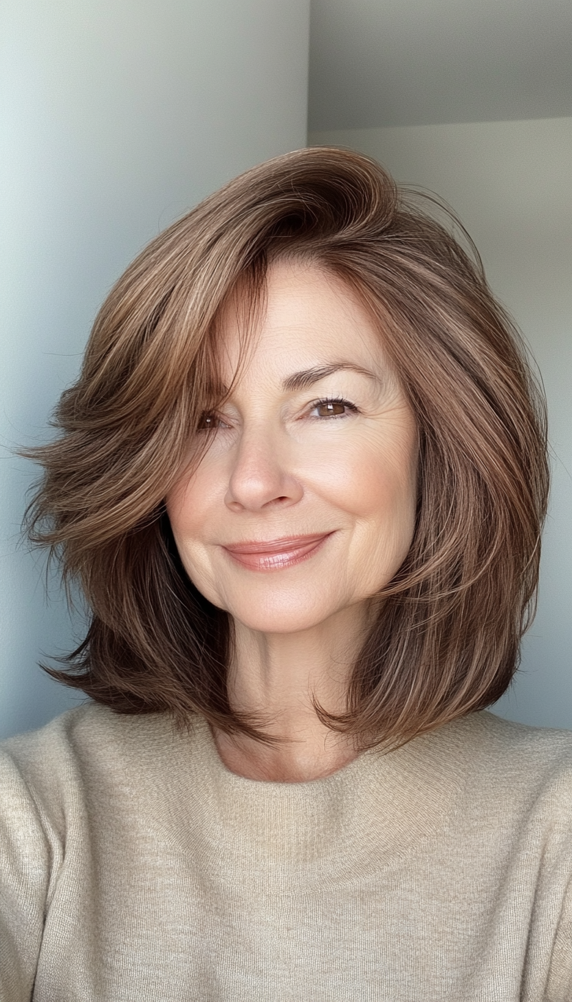 3. Feathered Lob in Warm Brunette (Haircuts For Women Over 60) - Haircuts For Women Over 60