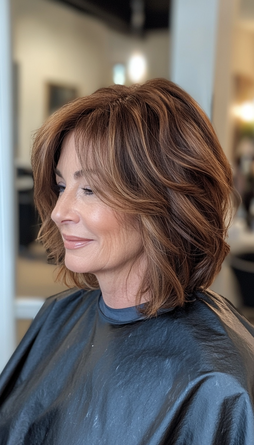 12. Layered Bob with Side Bangs in Chestnut (Haircuts For Women Over 60) - Haircuts For Women Over 60