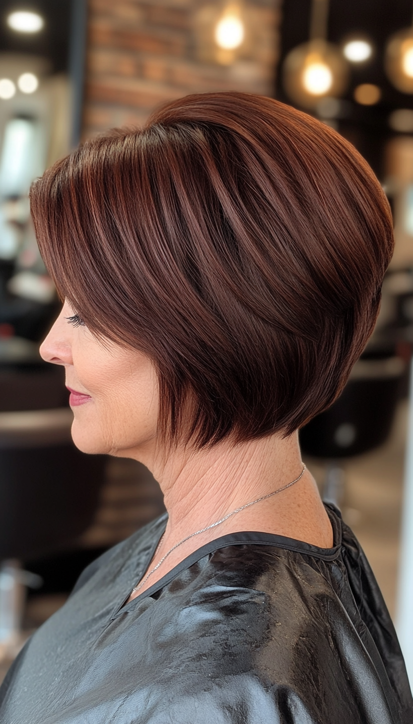 14. Short Stacked Bob in Deep Mahogany (Haircuts For Women Over 60) - Haircuts For Women Over 60