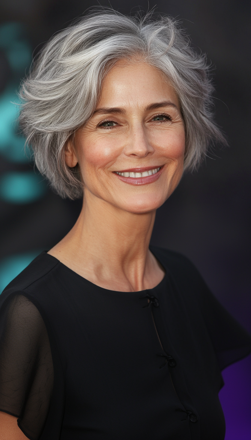 3. Feathered Salt-and-Pepper Crop (Short Hairstyles For Women Over 50) - Short Hairstyles For Women Over 50