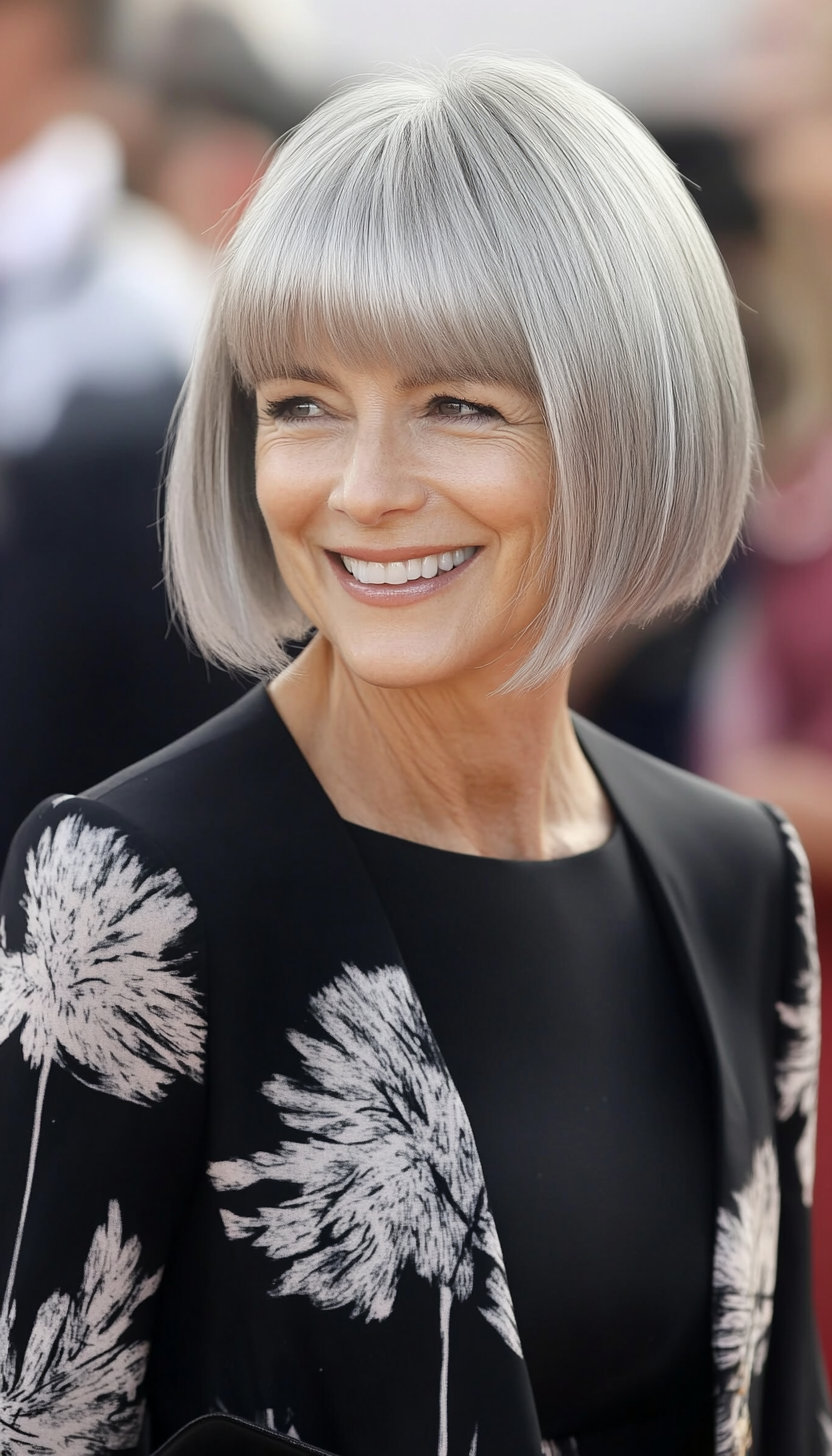 5. Soft Silver Lob with Bangs (Short Hairstyles For Women Over 50) - Short Hairstyles For Women Over 50