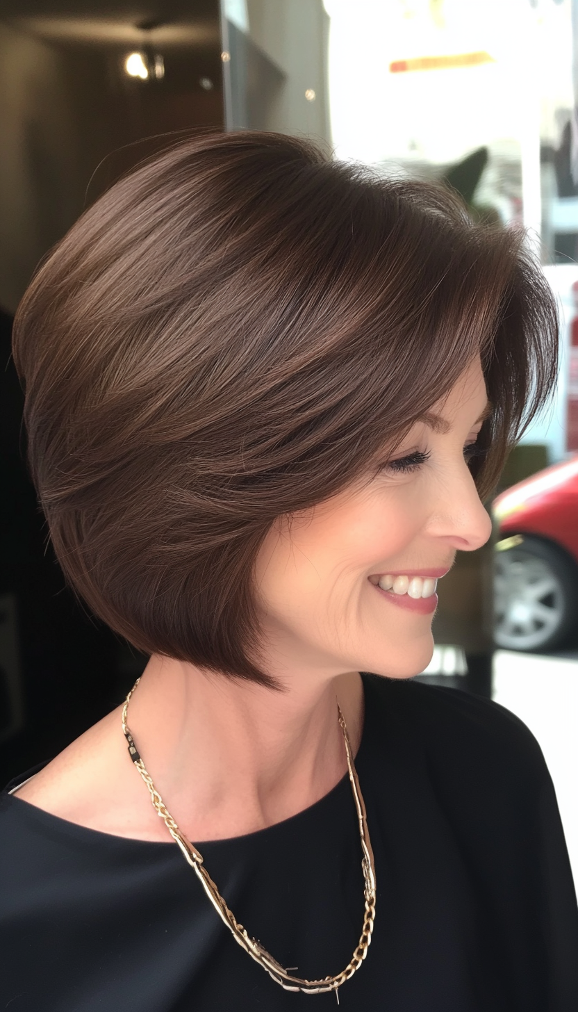 9. Chin-Length Chocolate Layered Bob (Short Hairstyles For Women Over 50) - Short Hairstyles For Women Over 50