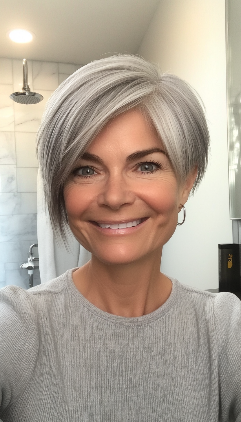 11. Ash Gray Pixie with Side-Swept Bangs (Short Hairstyles For Women Over 50) - Short Hairstyles For Women Over 50