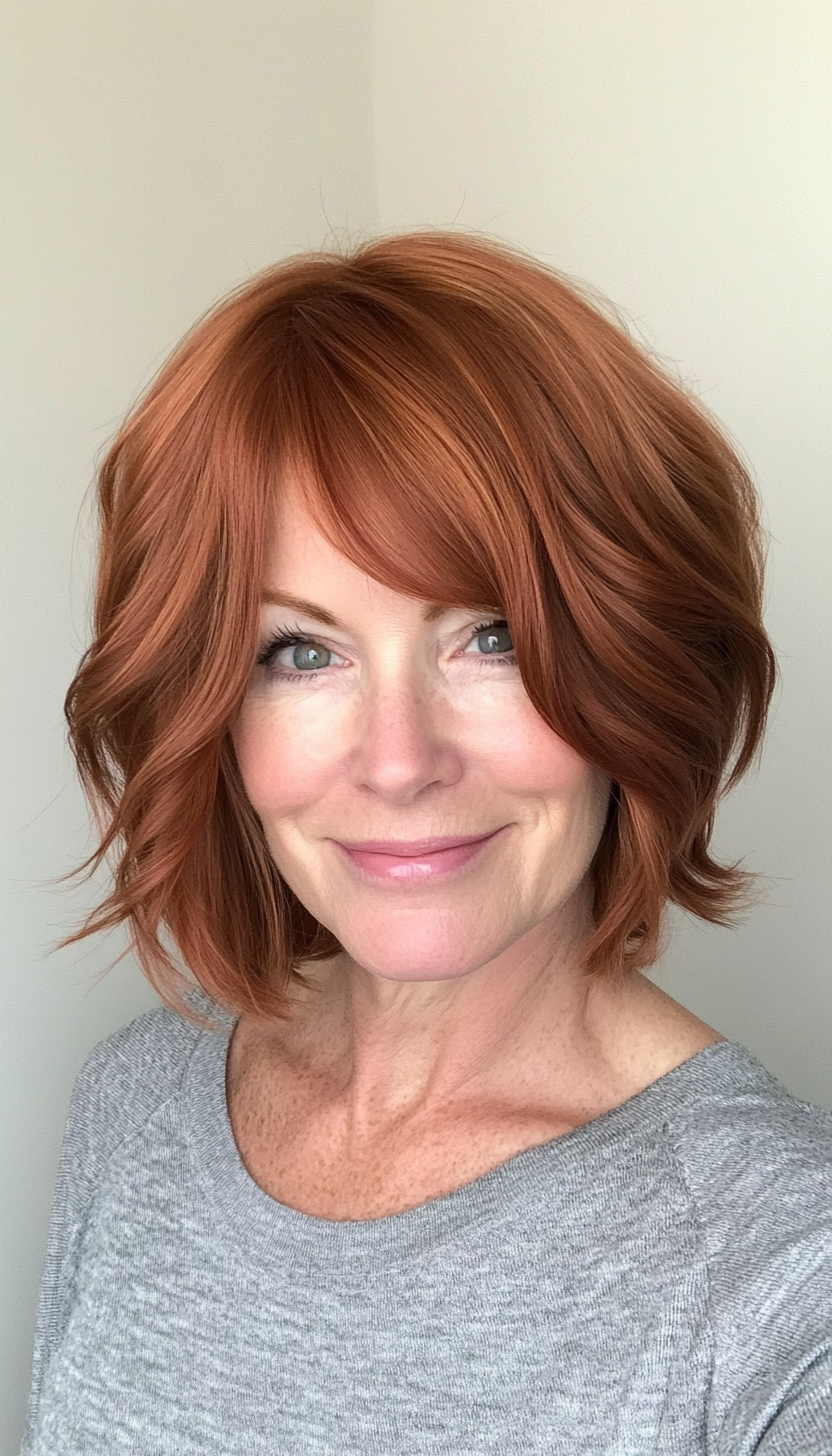 12. Layered Auburn Bob with Wispy Bangs (Short Hairstyles For Women Over 50) - Short Hairstyles For Women Over 50