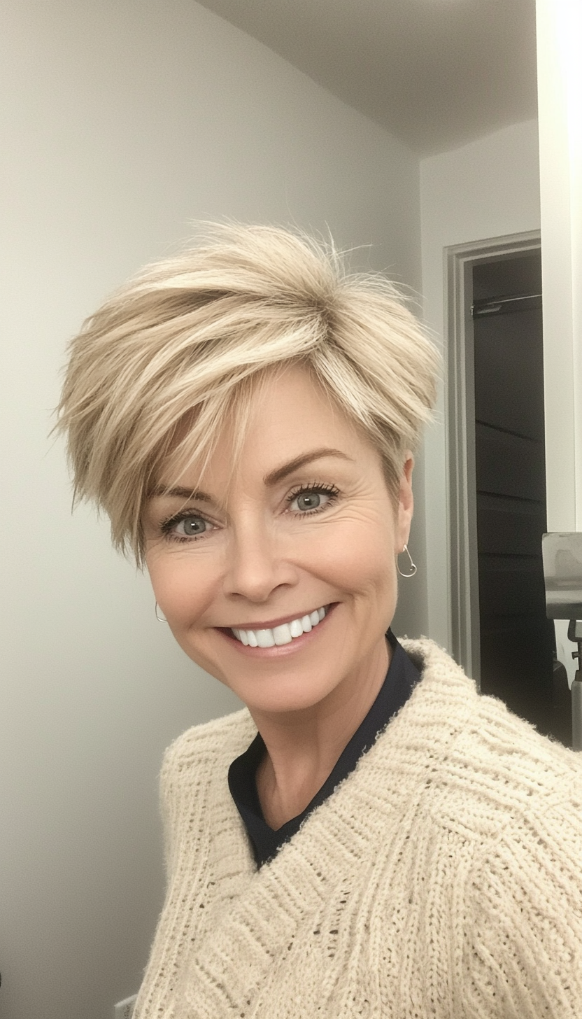 14. Warm Blonde Layered Pixie (Short Hairstyles For Women Over 50) - Short Hairstyles For Women Over 50