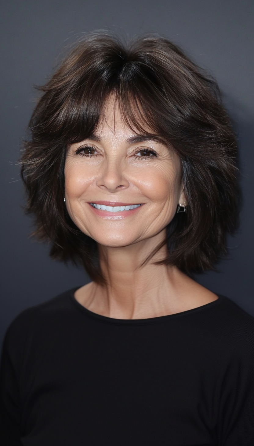 16. Silky Dark Brown Shag with Layers (Short Hairstyles For Women Over 50) - Short Hairstyles For Women Over 50