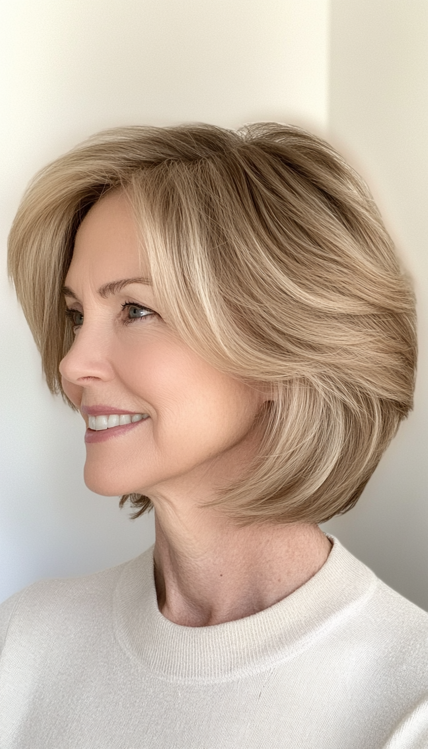 18. Layered Honey Blonde Lob (Short Hairstyles For Women Over 50) - Short Hairstyles For Women Over 50