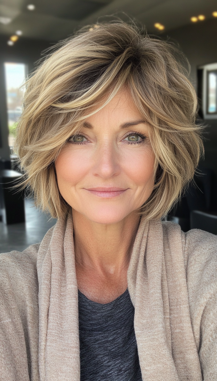 22. Layered Dark Blonde Shaggy Bob (Short Hairstyles For Women Over 50) - Short Hairstyles For Women Over 50