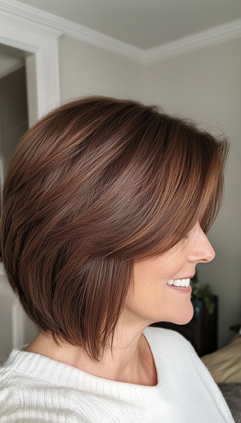 24. Chestnut Brown Lob with Layers (Short Hairstyles For Women Over 50) - Short Hairstyles For Women Over 50