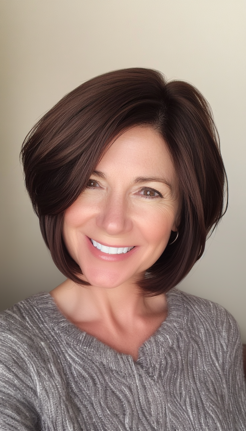 27. Dark Mahogany Bob with Side Part (Short Hairstyles For Women Over 50) - Short Hairstyles For Women Over 50