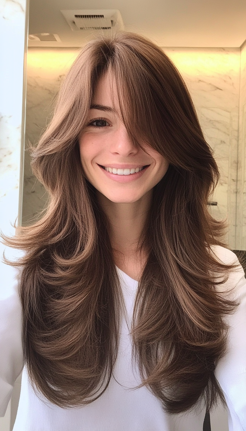 1. Cascading Layers with Feathered Bangs in Rich Chestnut (Haircuts For Long Hair With Bangs) - Haircuts For Long Hair With Bangs