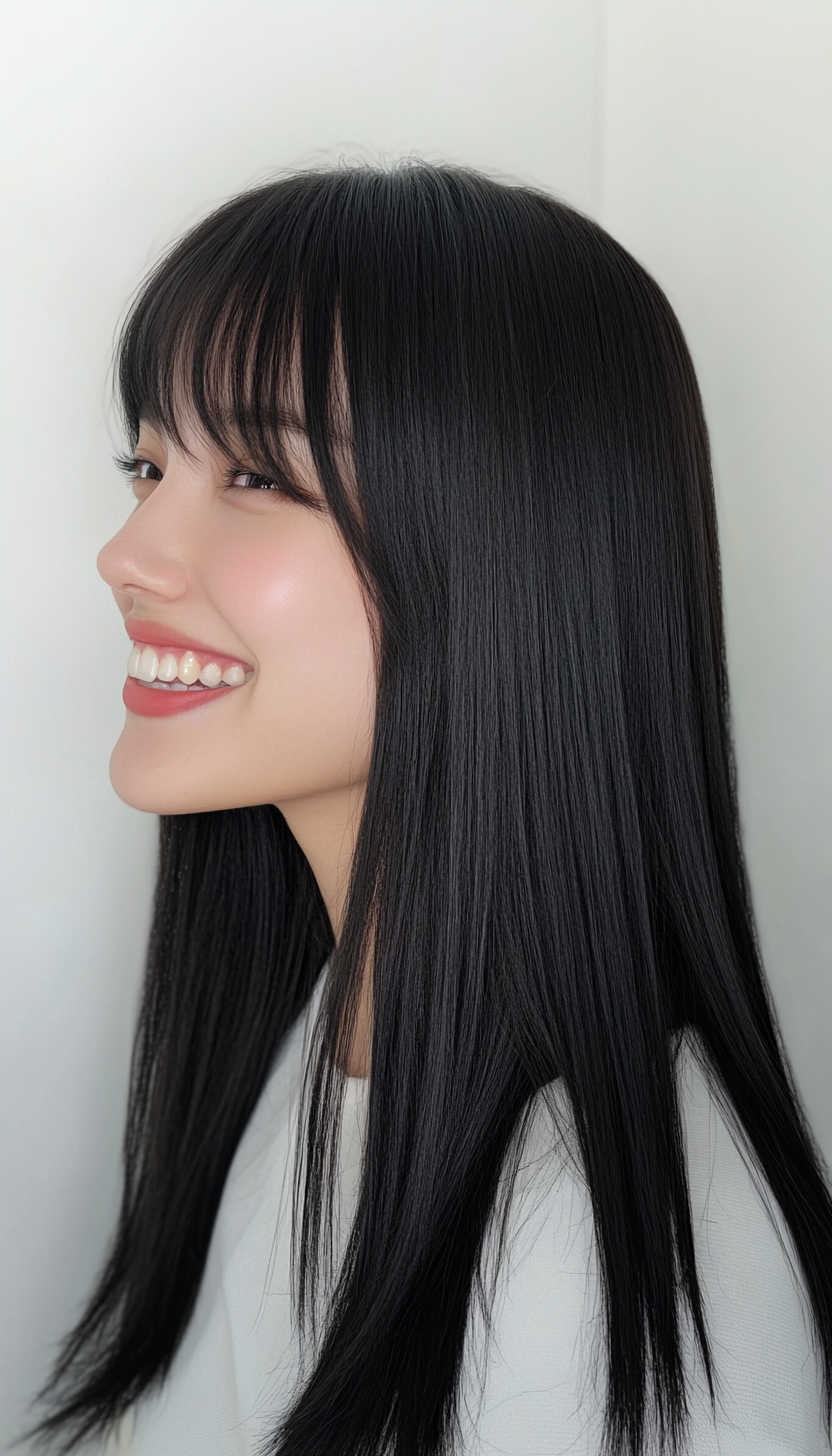 2. Straight-Cut Ends and Blunt Bangs in Natural Black (Haircuts For Long Hair With Bangs) - Haircuts For Long Hair With Bangs