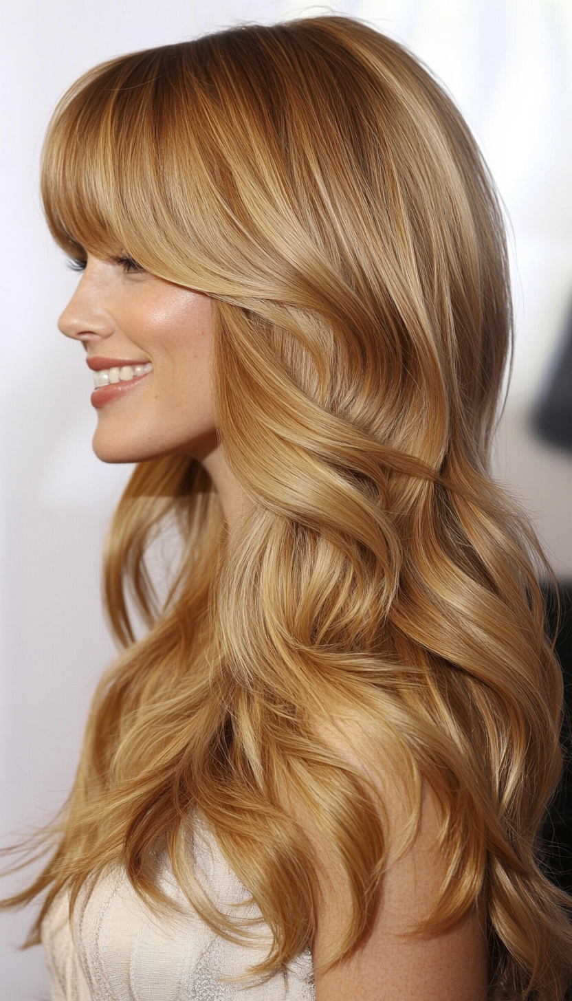 3. Wavy Layers with Curtain Bangs in Honey Blonde (Haircuts For Long Hair With Bangs) - Haircuts For Long Hair With Bangs
