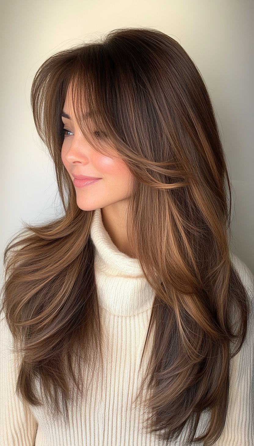 5. Face-Framing Layers with Side Bangs in Golden Brown (Haircuts For Long Hair With Bangs) - Haircuts For Long Hair With Bangs