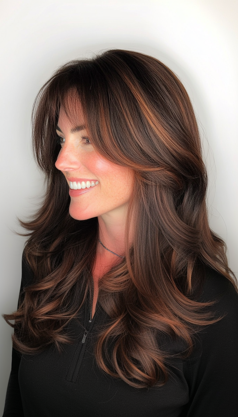 6. Layered V-Cut with Brow-Skimming Bangs in Dark Auburn (Haircuts For Long Hair With Bangs) - Haircuts For Long Hair With Bangs