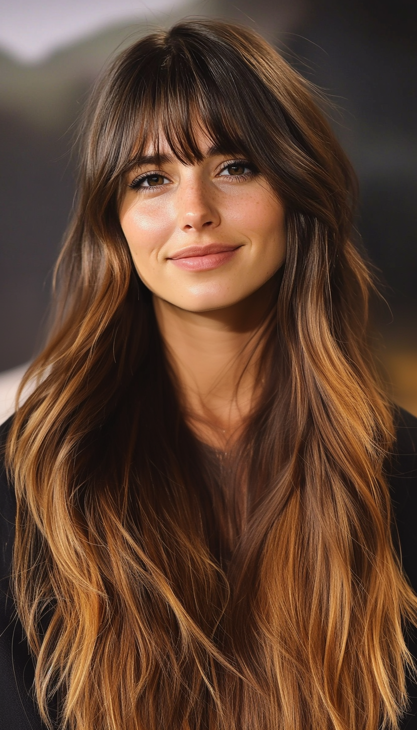 9. Deep U-Cut with Curved Bangs in Caramel Brown (Haircuts For Long Hair With Bangs) - Haircuts For Long Hair With Bangs