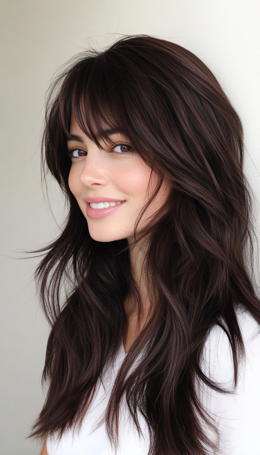 10. Textured Layers with Split Bangs in Dark Chocolate Brown (Haircuts For Long Hair With Bangs) - Haircuts For Long Hair With Bangs