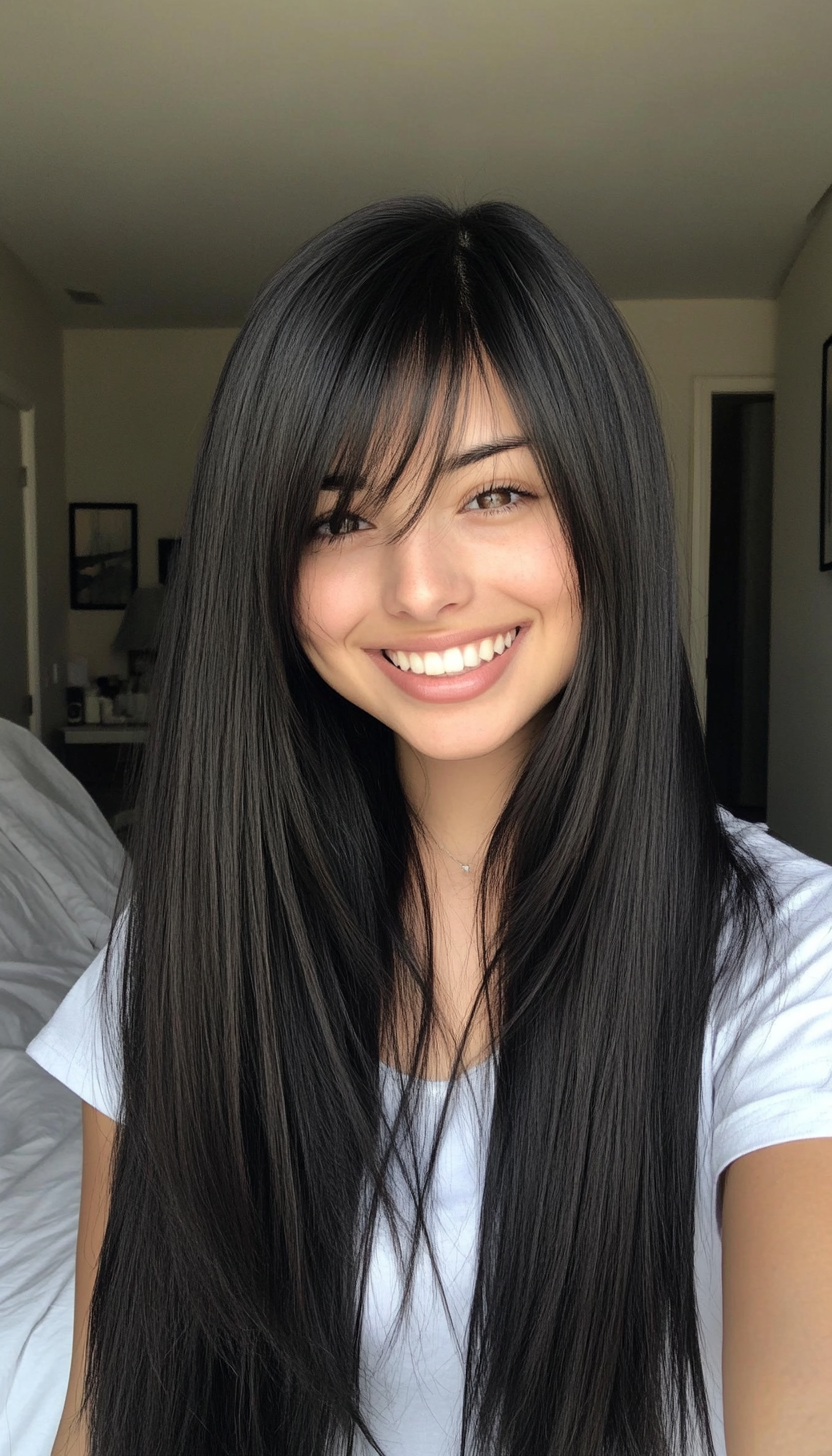 11. Straight Layers with Side-Parted Bangs in Jet Black (Haircuts For Long Hair With Bangs) - Haircuts For Long Hair With Bangs