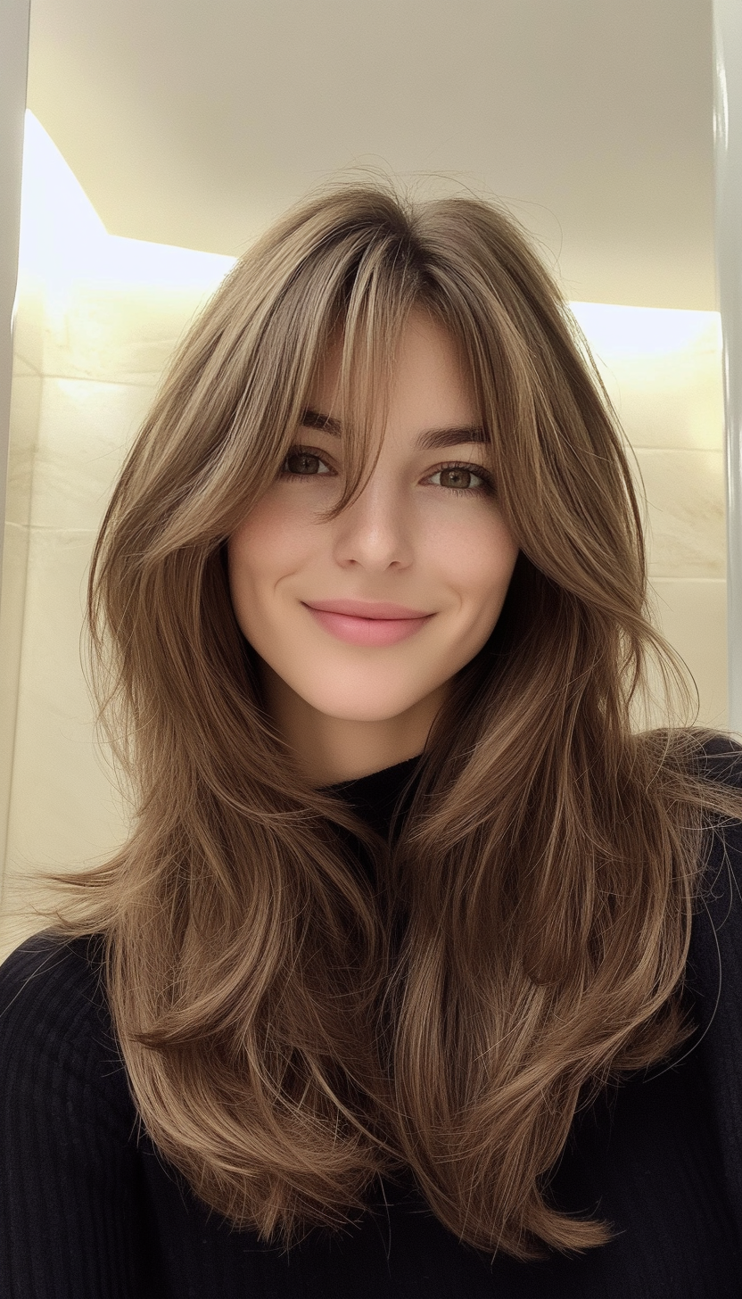 13. Long Layers with Rounded Bangs in Cinnamon Brown (Haircuts For Long Hair With Bangs) - Haircuts For Long Hair With Bangs