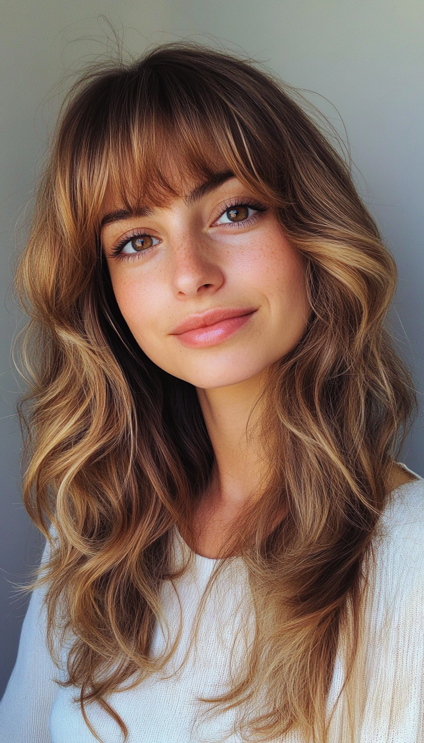 14. Romantic Curls with Side Bangs in Honey Brown (Haircuts For Long Hair With Bangs) - Haircuts For Long Hair With Bangs
