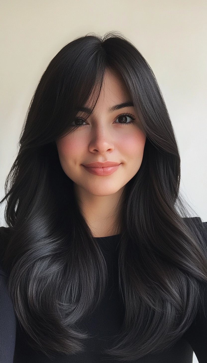 15. Layered Cut with Arched Bangs in Cool Black (Haircuts For Long Hair With Bangs) - Haircuts For Long Hair With Bangs
