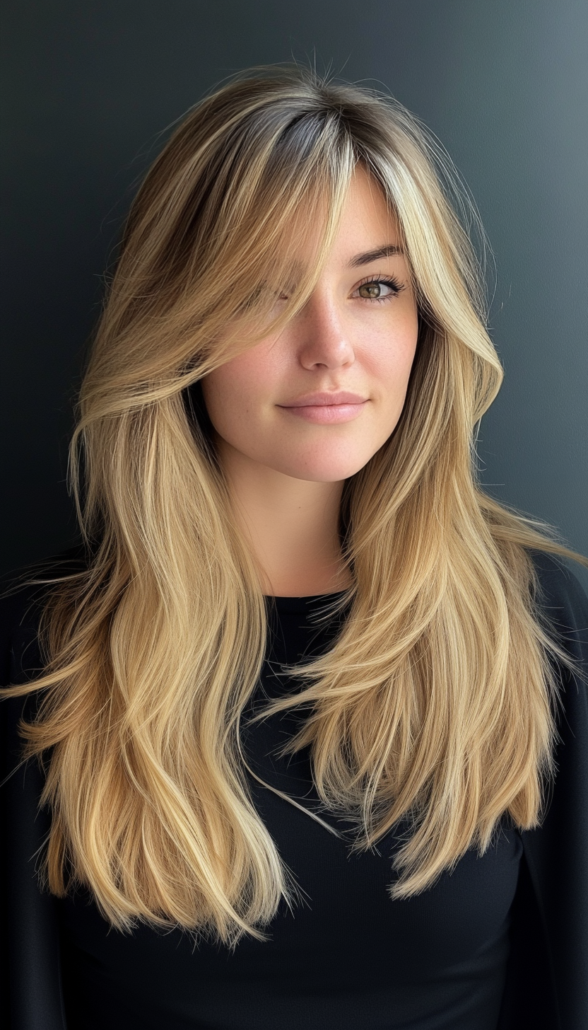 16. Swooping Layers with Long Curtain Bangs in Dark Blonde (Haircuts For Long Hair With Bangs) - Haircuts For Long Hair With Bangs