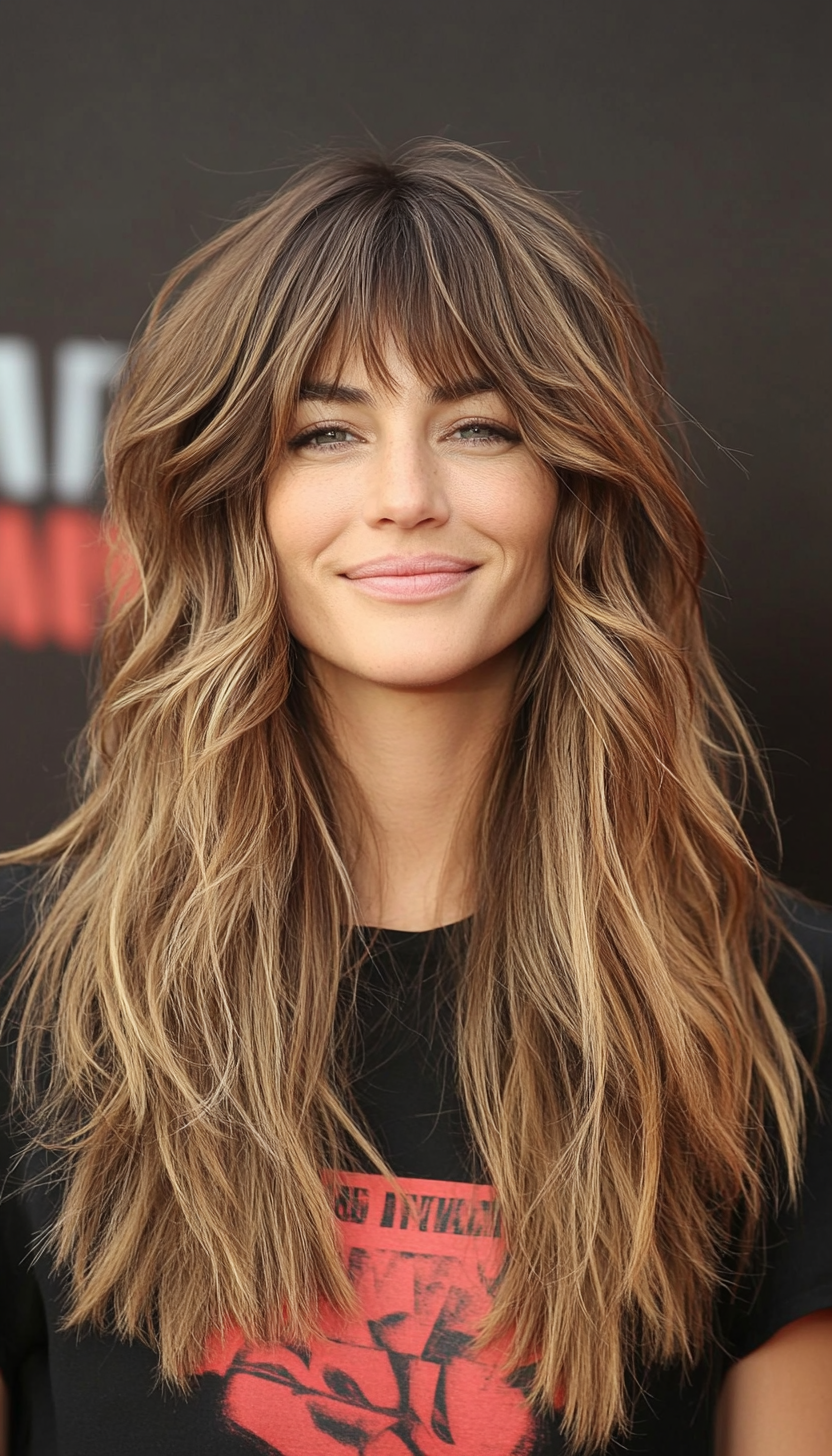 17. Shaggy Layers with Cropped Bangs in Light Brown (Haircuts For Long Hair With Bangs) - Haircuts For Long Hair With Bangs