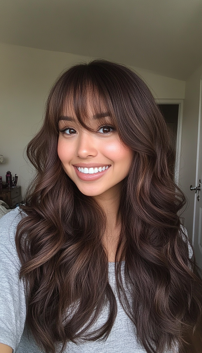 18. Soft Curls with Feathered Bangs in Mahogany Brown (Haircuts For Long Hair With Bangs) - Haircuts For Long Hair With Bangs