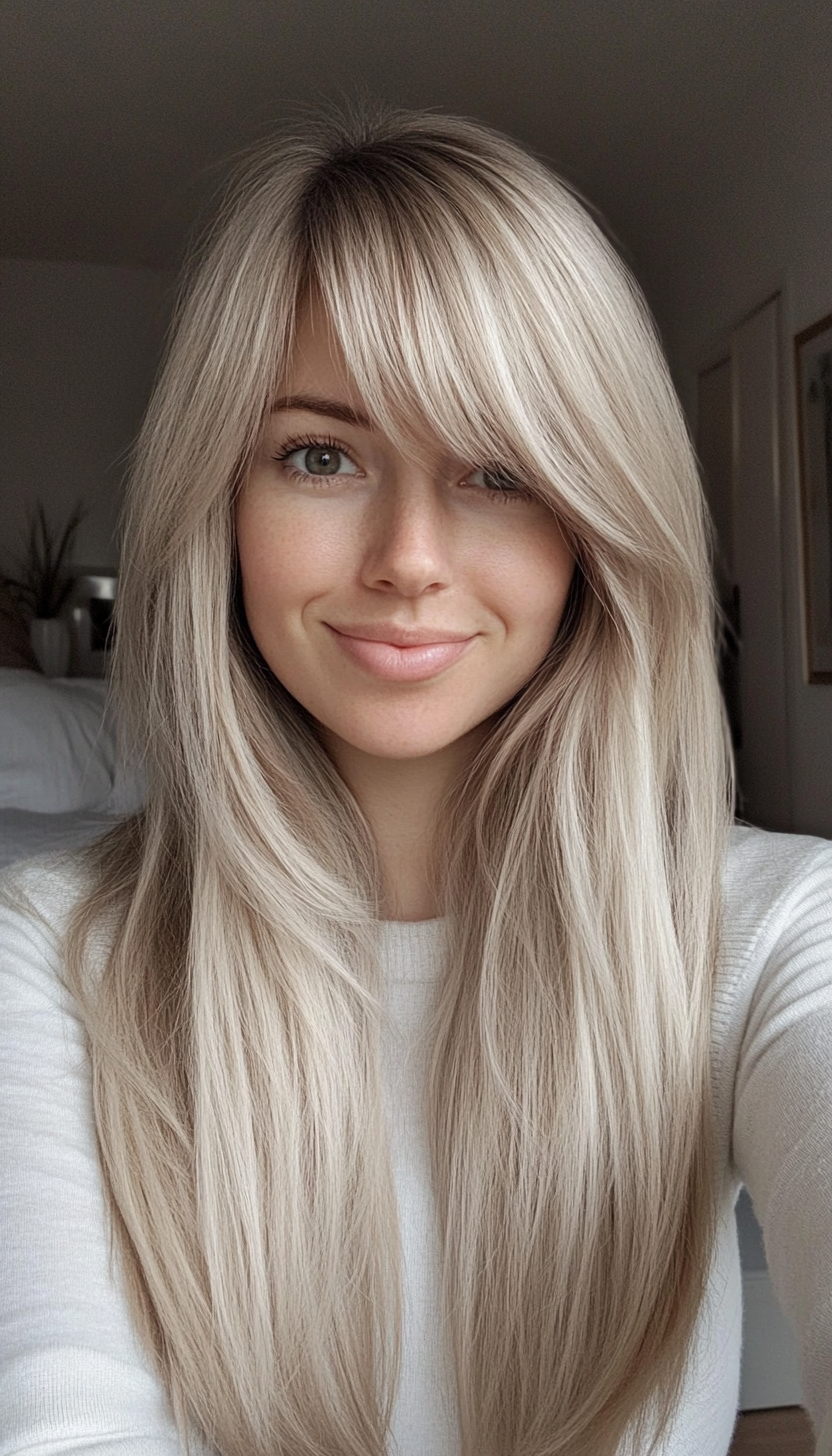 19. Blunt Layers with Tapered Bangs in Ash Blonde (Haircuts For Long Hair With Bangs) - Haircuts For Long Hair With Bangs