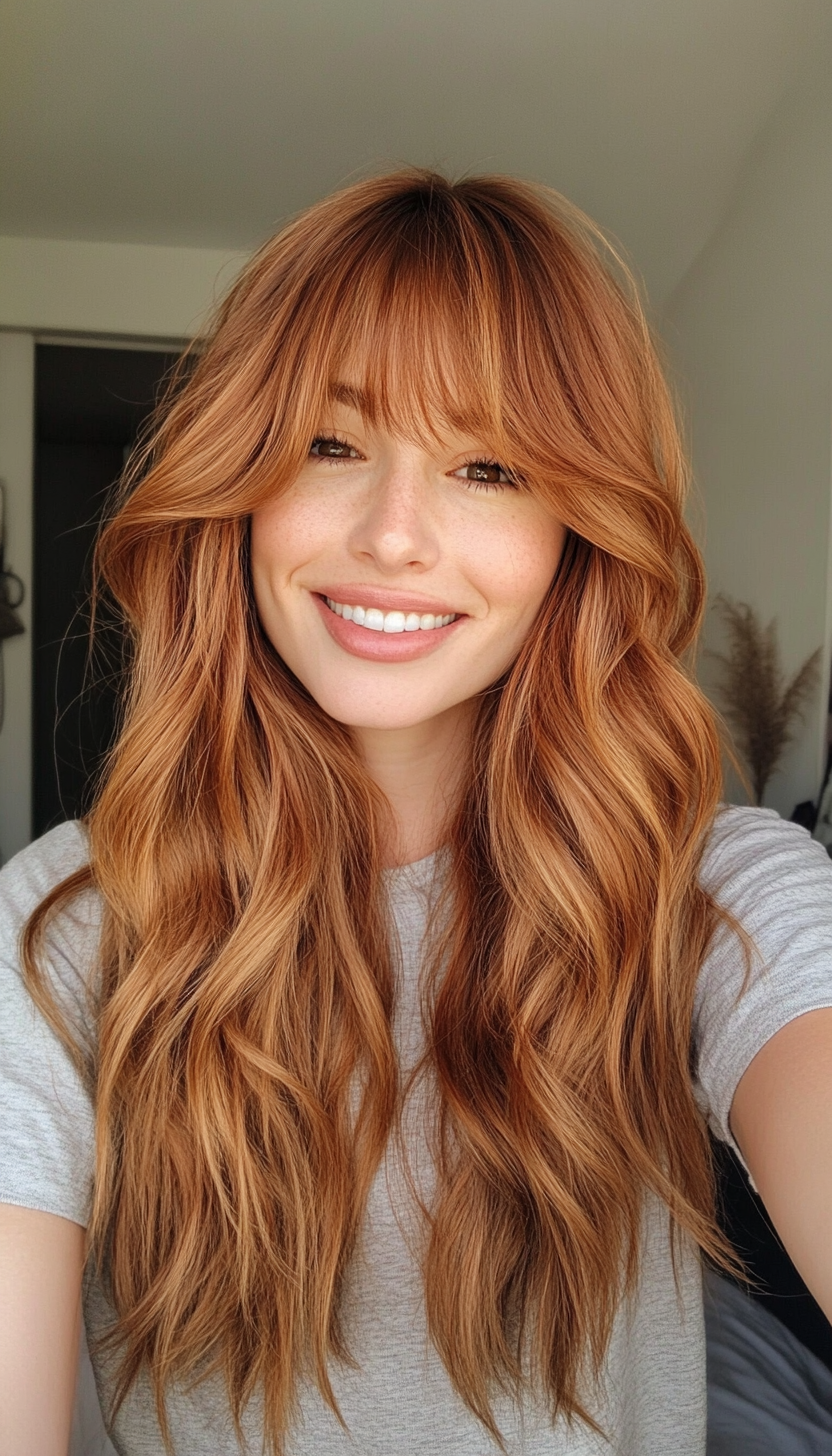 20. Wavy Layers with Angled Bangs in Golden Auburn (Haircuts For Long Hair With Bangs) - Haircuts For Long Hair With Bangs