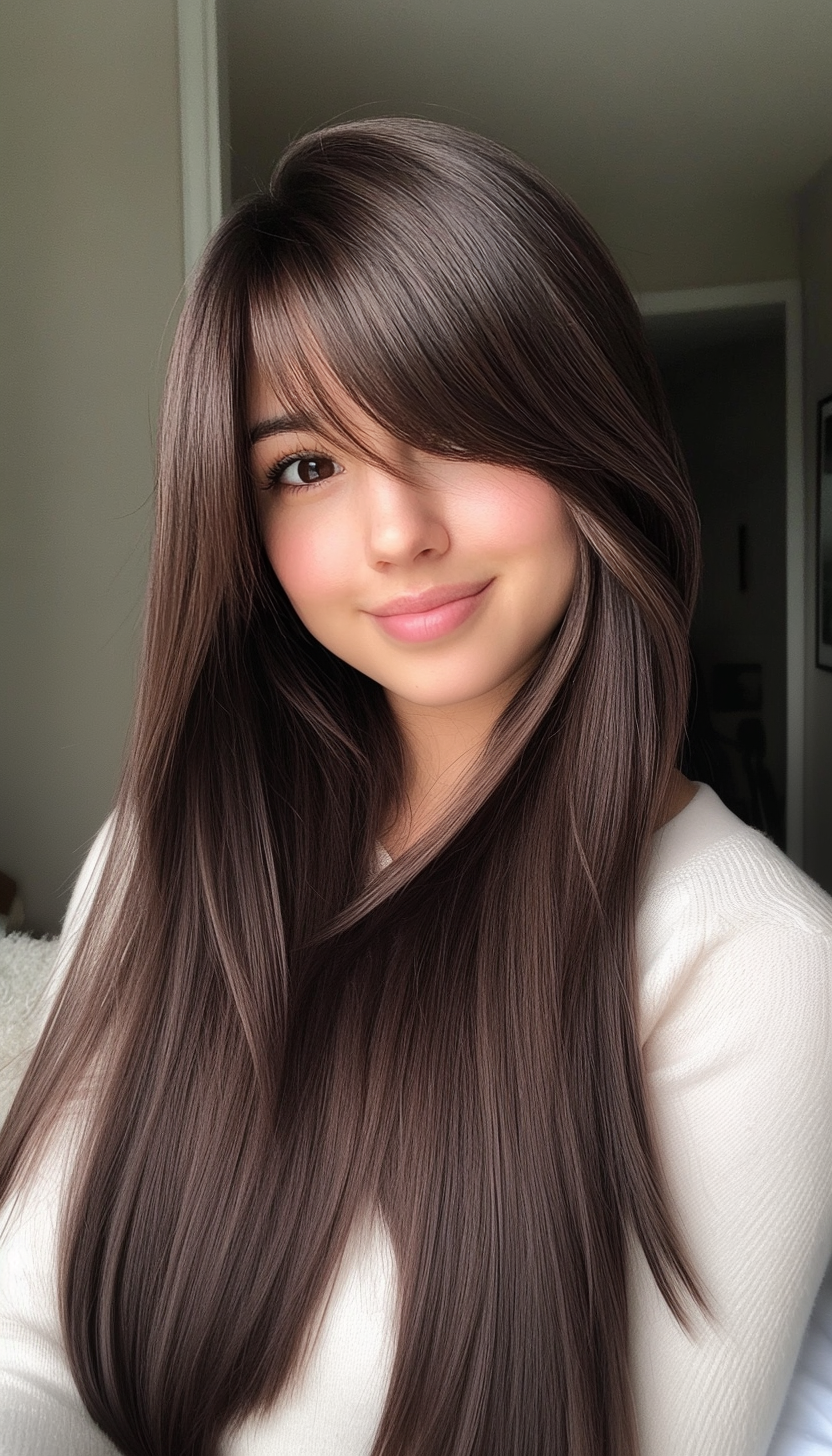 21. Smooth Layers with Sleek Bangs in Espresso Brown (Haircuts For Long Hair With Bangs) - Haircuts For Long Hair With Bangs