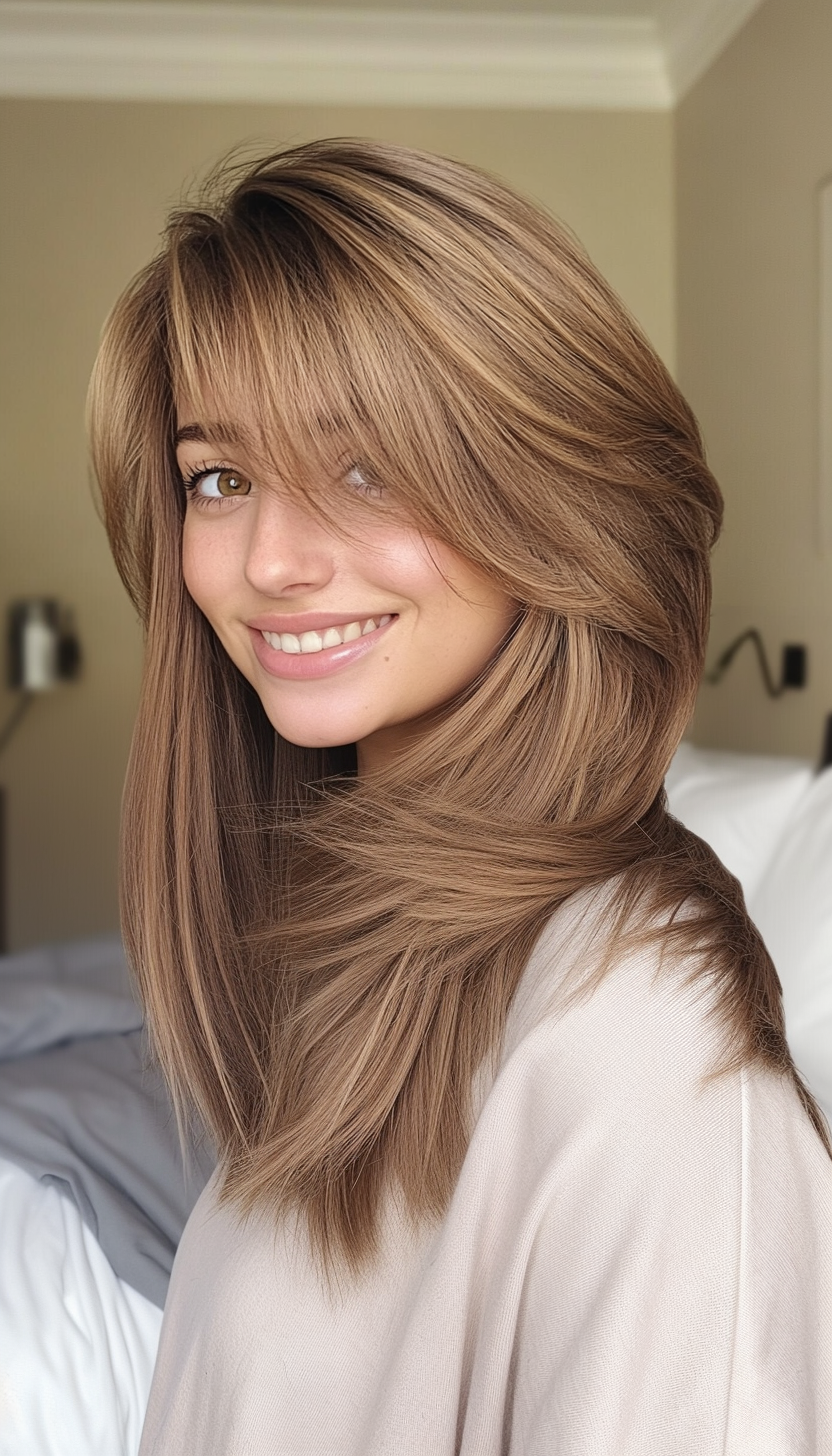 22. Layered Lob with Side Bangs in Sandy Brown (Haircuts For Long Hair With Bangs) - Haircuts For Long Hair With Bangs