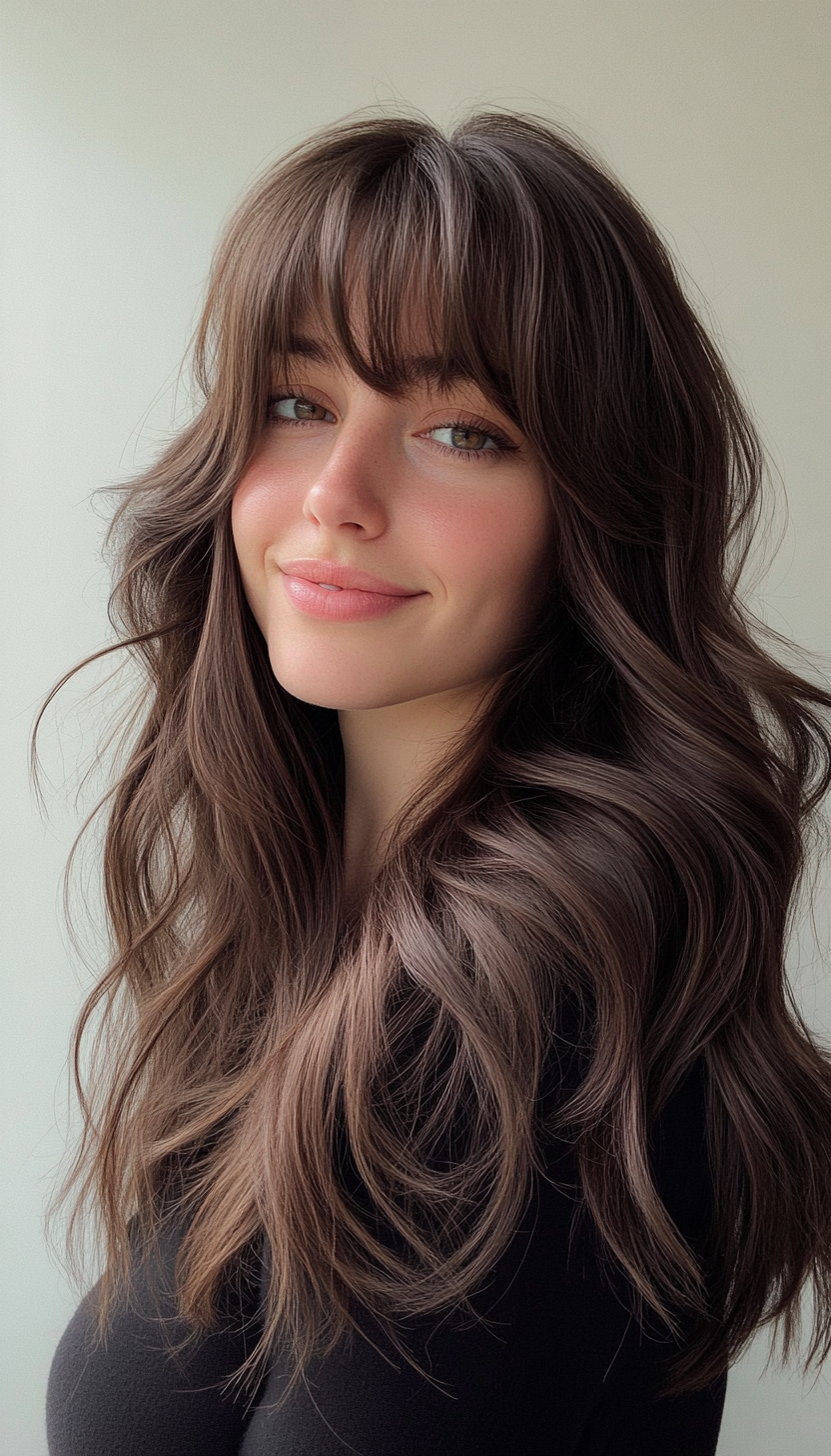 23. Curved Layers with Full Bangs in Natural Brunette (Haircuts For Long Hair With Bangs) - Haircuts For Long Hair With Bangs