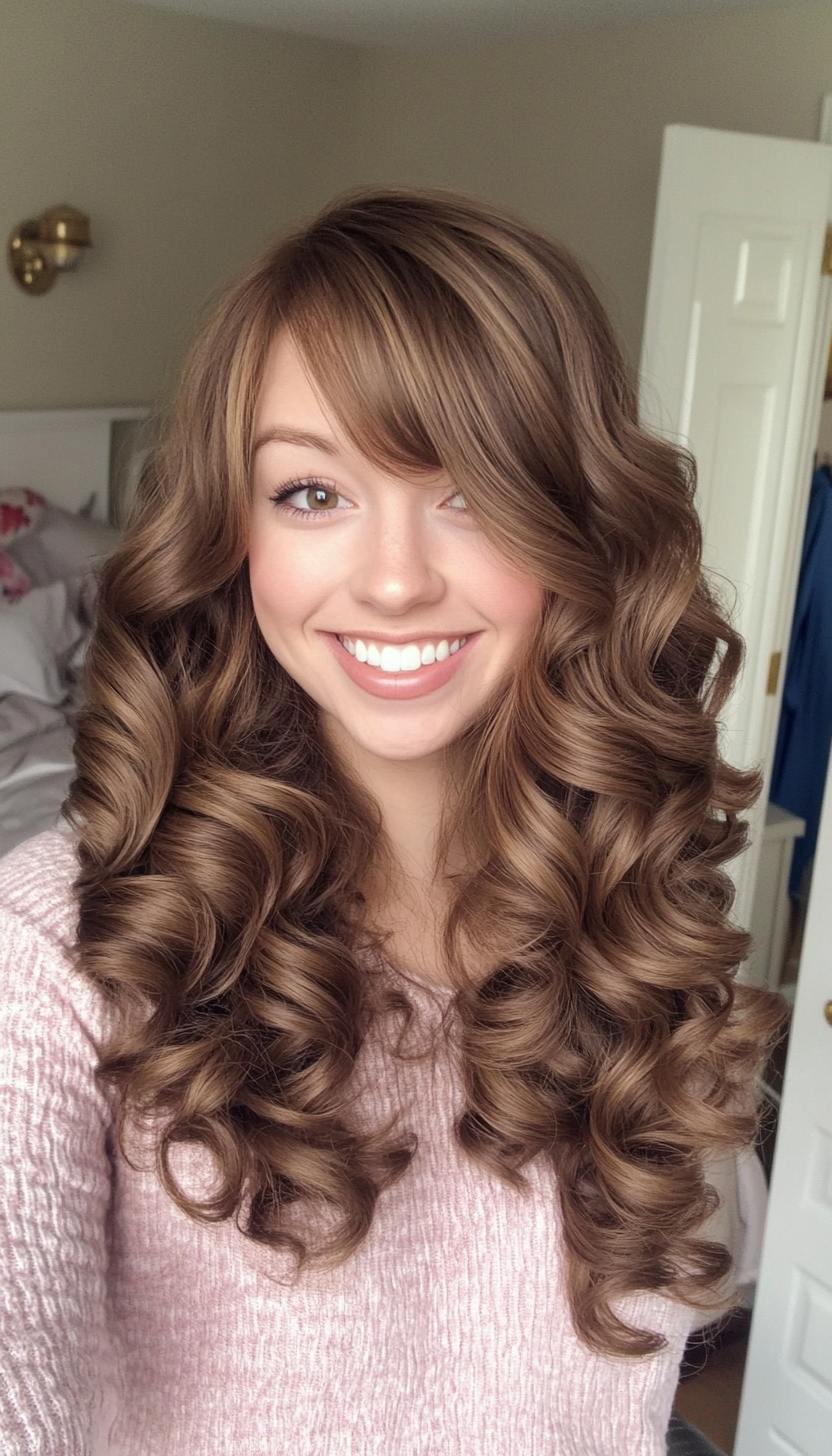 25. Long Curls with Side Bangs in Tawny Brown (Haircuts For Long Hair With Bangs) - Haircuts For Long Hair With Bangs