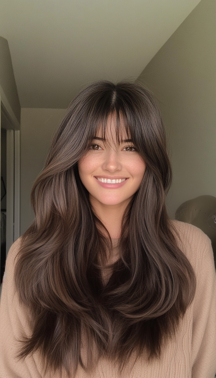 26. Angled Layers with Brow-Grazing Bangs in Dark Caramel (Haircuts For Long Hair With Bangs) - Haircuts For Long Hair With Bangs