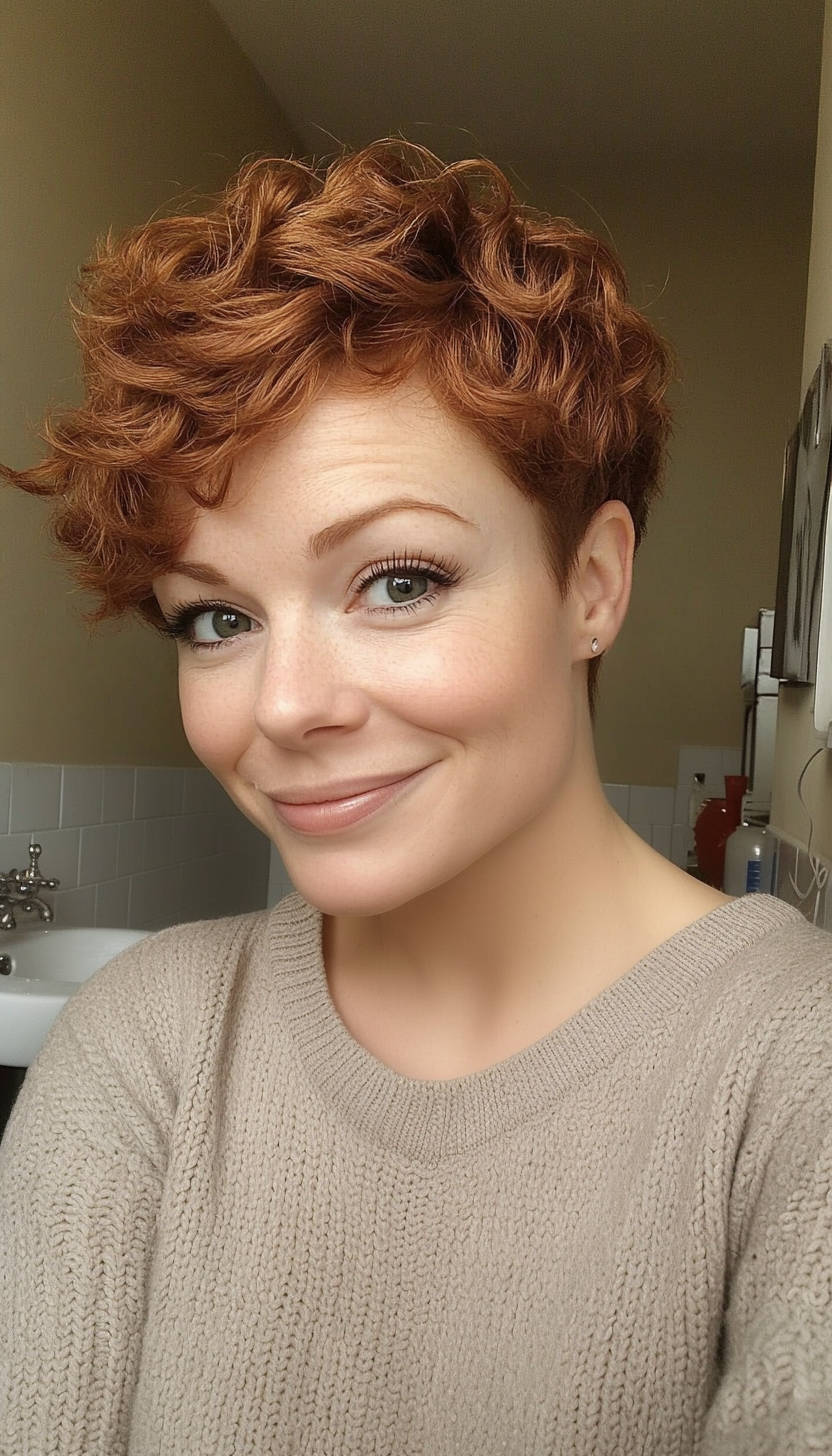 15. Curly Pixie in Soft Auburn (Short Hairstyles For Thin Hair) - Short Hairstyles For Thin Hair