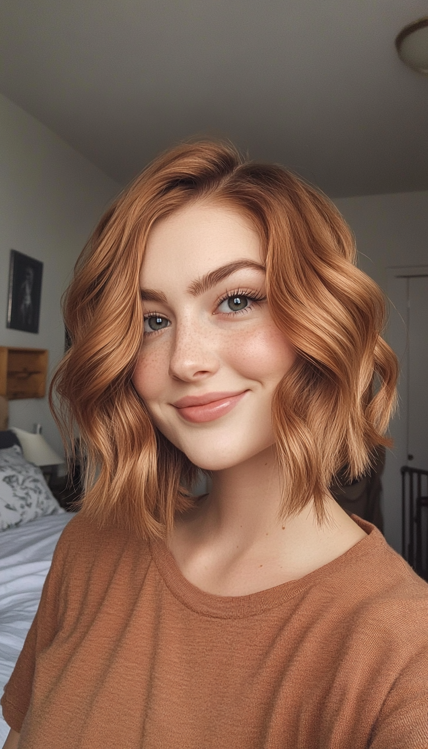19. Wavy Bob in Light Copper Brown (Short Hairstyles For Thin Hair) - Short Hairstyles For Thin Hair