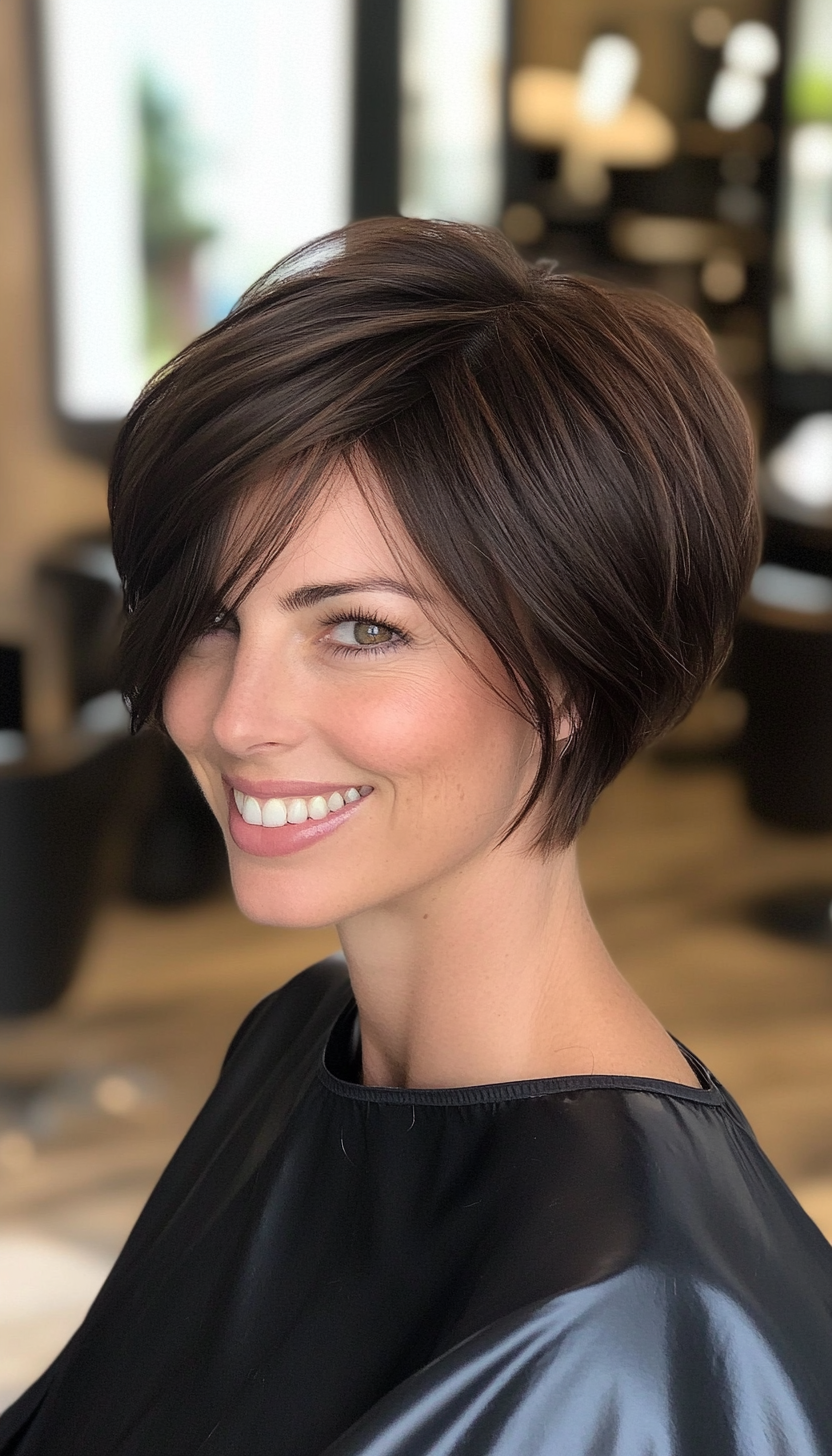 22. Layered Pixie with Side Bangs in Ashy Chestnut (Short Hairstyles For Thin Hair) - Short Hairstyles For Thin Hair