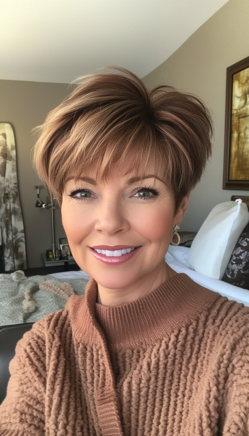 1. Soft Feathered Pixie in Warm Chestnut (Pixie Haircuts For Older Women) - Pixie Haircuts For Older Women