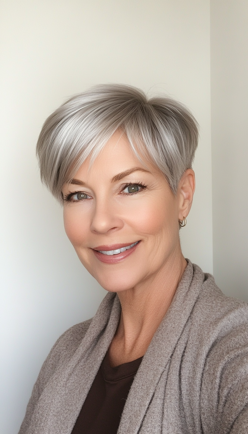 2. Tapered Silver Pixie with Side-Swept Bangs (Pixie Haircuts For Older Women) - Pixie Haircuts For Older Women