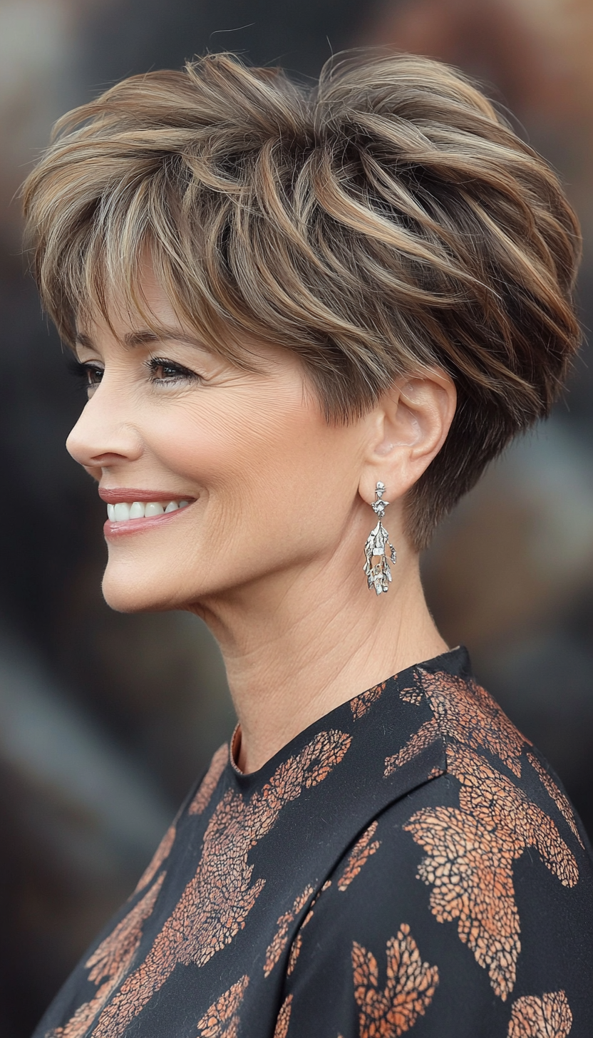 4. Layered Pixie with Soft Caramel Highlights (Pixie Haircuts For Older Women) - Pixie Haircuts For Older Women