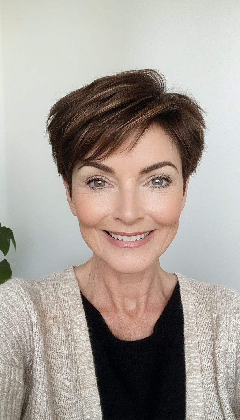 11. Elegant Cropped Pixie in Warm Mahogany (Pixie Haircuts For Older Women) - Pixie Haircuts For Older Women