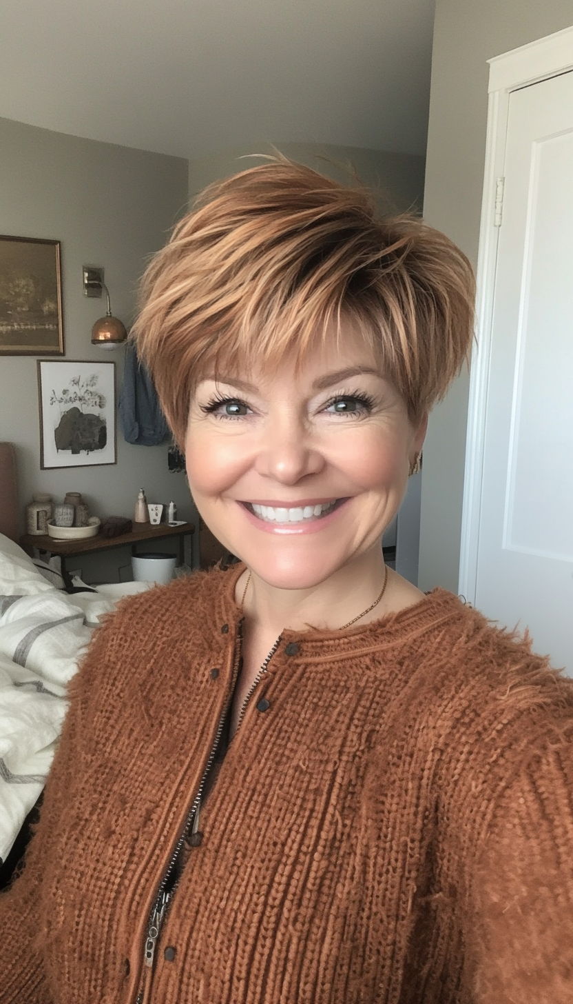 12. Textured Pixie with Subtle Copper Tones (Pixie Haircuts For Older Women) - Pixie Haircuts For Older Women
