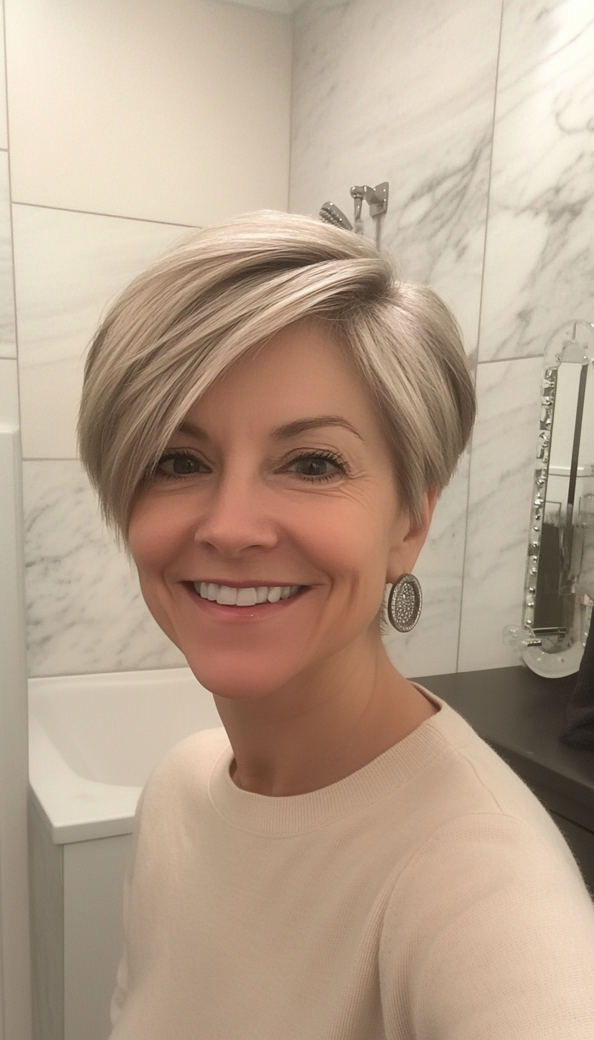 14. Sleek Side-Parted Pixie in Medium Ash Blonde (Pixie Haircuts For Older Women) - Pixie Haircuts For Older Women