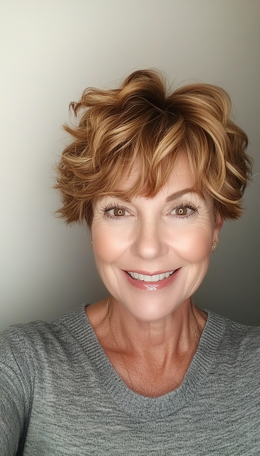 15. Wavy Pixie in Golden Brown (Pixie Haircuts For Older Women) - Pixie Haircuts For Older Women
