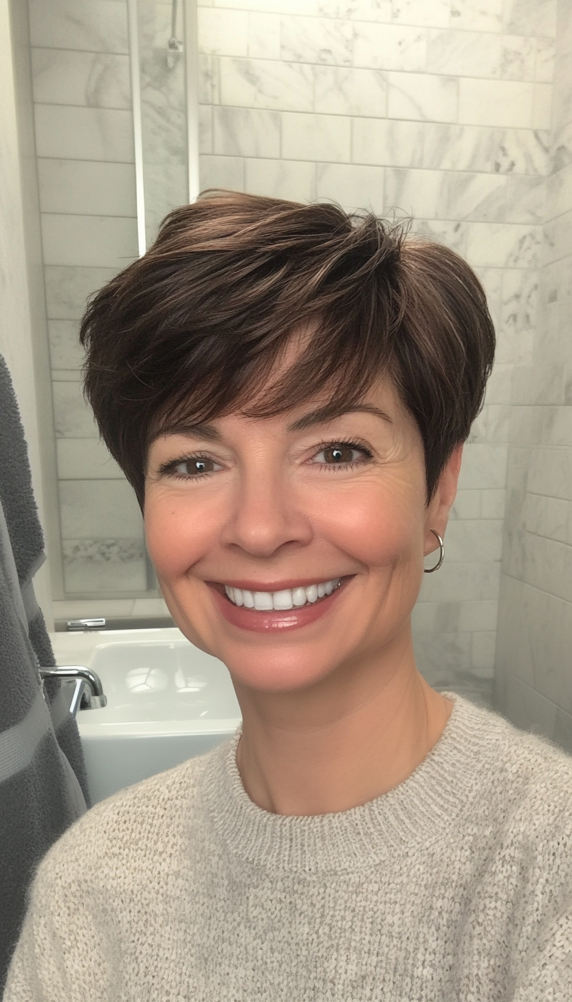 21. Short Pixie with Razor-Cut Layers in Dark Chestnut (Pixie Haircuts For Older Women) - Pixie Haircuts For Older Women